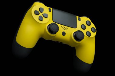 Siyah arkaplandaki video oyunu denetleyicisi için gerçekçi sarı joystick