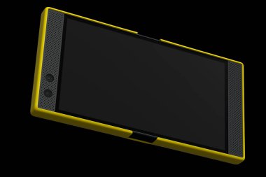 Boş ekranlı sarı akıllı telefonun ön görünümü, mobil oyun kavramı