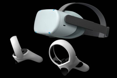 Siyah arkaplanda çevrimiçi oyun için sanal gerçeklik gözlükleri ve denetleyiciler