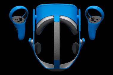 Siyah arkaplanda çevrimiçi oyun için sanal gerçeklik gözlükleri ve denetleyiciler