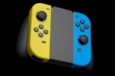 Siyah arkaplanda dokunmatik ekrana bağlı taşınabilir video oyunu denetleyicileri