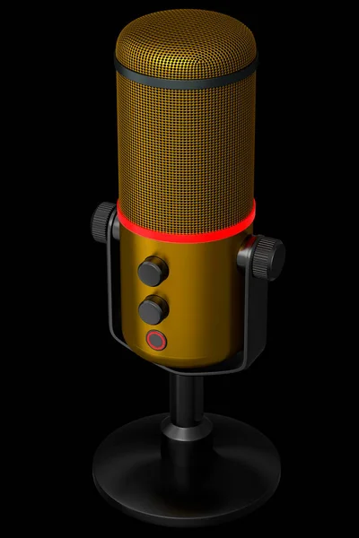Rendu 3D du microphone jaune à condensateur de studio isolé sur fond noir — Photo