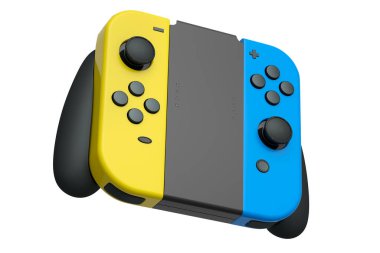 Beyaz arkaplandaki dokunmatik ekrana bağlı taşınabilir video oyun denetleyicileri