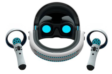 Beyaz arkaplanda çevrimiçi oyun için sanal gerçeklik gözlükleri ve denetleyiciler