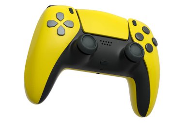 Beyaz arkaplanda gerçekçi sarı video oyunu joystick 'i