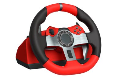 Beyaz arka planda izole edilmiş gerçekçi deri direksiyon. Bulut oyun ve yarış ya da oyun alanı konsepti için 3 boyutlu yayın donanımı