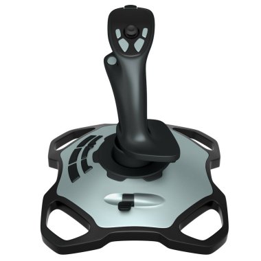 Uçuş simülatörü için gerçekçi joystick beyaz arka planda izole edilmiş. Bulut oyunu ya da oyun alanı çalışma alanı konsepti için 3 boyutlu görüntüleme