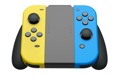 Beyaz arkaplandaki dokunmatik ekrana bağlı taşınabilir video oyun denetleyicileri. Çevrimiçi oyun için akıllı telefon için 3B oyun alanı oluşturma