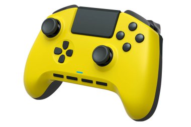 Beyaz arka planda gerçekçi sarı video oyunu joystick 'i. Bulut oyunu ve oyun alanı çalışma alanı konsepti için 3 boyutlu görüntüleme