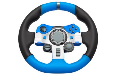 Beyaz arka planda izole edilmiş gerçekçi deri direksiyon. Bulut oyun ve yarış ya da oyun alanı konsepti için 3 boyutlu yayın donanımı
