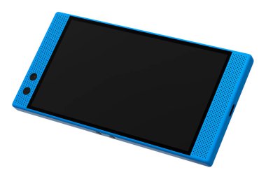 Boş ekranlı mavi akıllı telefonun ön görüntüsü, mobil oyun konsepti. Çevrimiçi oyunların 3B canlandırması