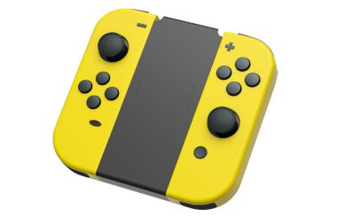 Beyaz arkaplandaki dokunmatik ekrana bağlı taşınabilir video oyun denetleyicileri. Çevrimiçi oyun için akıllı telefon için 3B oyun alanı oluşturma