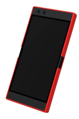 Boş ekranlı kırmızı akıllı telefonun ön görüntüsü, mobil oyun konsepti. Çevrimiçi oyunların 3B canlandırması