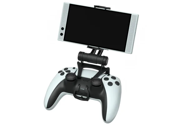 白い背景に携帯電話でゲームをプレイするための現実的な白いジョイスティック ビデオゲームストリーミングコンセプトの3Dレンダリング — ストック写真