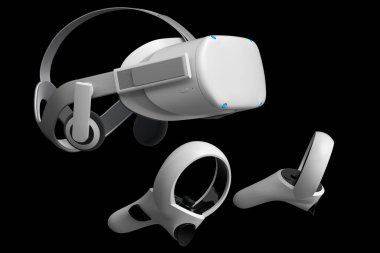 Siyah arkaplanda çevrimiçi oyun için sanal gerçeklik gözlükleri ve denetleyiciler