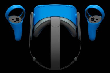 Siyah arkaplanda çevrimiçi oyun için sanal gerçeklik gözlükleri ve denetleyiciler