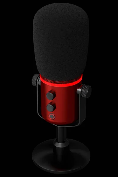 3D vykreslování červeného studiového kondenzátoru mikrofonu izolovaného na černém pozadí — Stock fotografie
