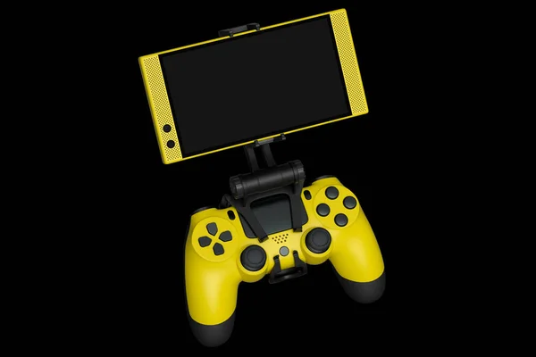 Реалистичный желтый джойстик для игр на мобильном телефоне на черном фоне — стоковое фото