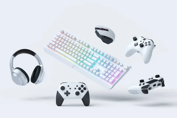 Repülő gamer fogaskerekek, mint az egér, billentyűzet, joystick, headset, VR — Stock Fotó