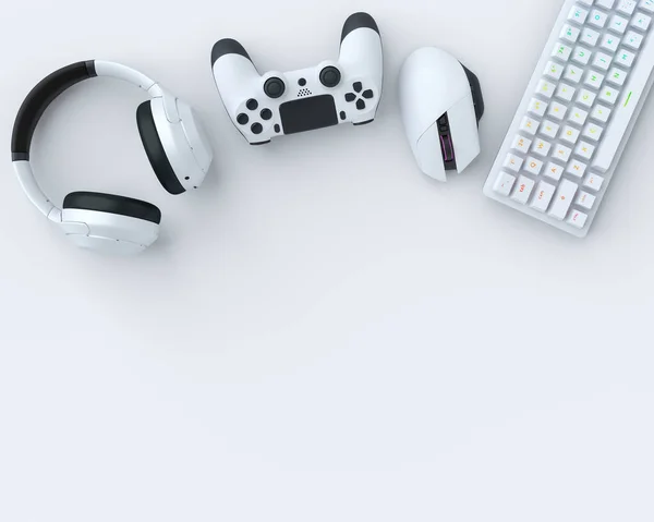 Horní pohled na herní převody jako myš, klávesnice, joystick a sluchátka na bílém — Stock fotografie