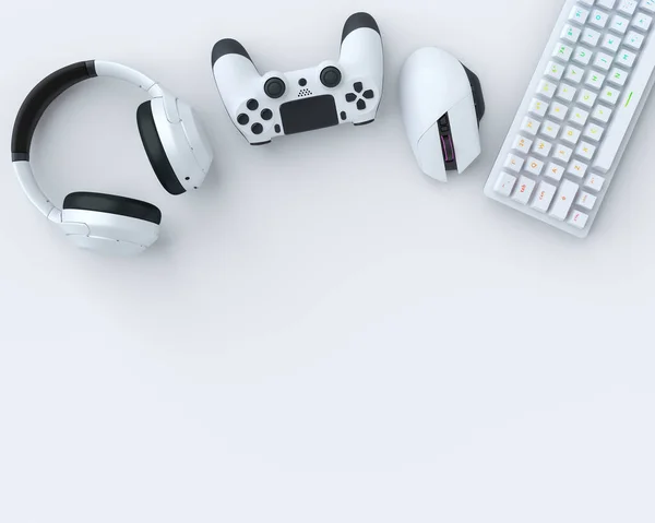 Vista dall'alto di ingranaggi gamer come mouse, tastiera, joystick e cuffie su bianco — Foto Stock