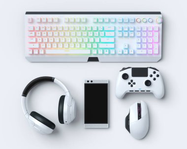 Fare, klavye, joystick, kulaklık ve telefon gibi üst görünüm oyuncusunun vitesi