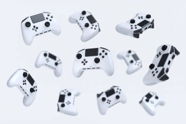 Uçan oyun joystickleri veya beyaz arka planda bulanık oyun blokları