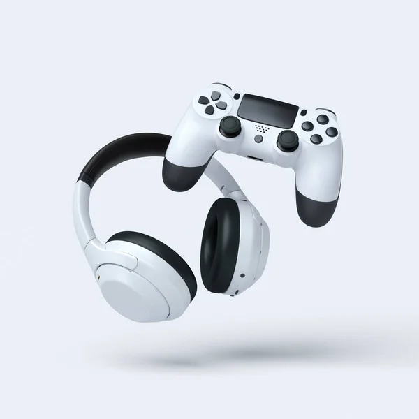 Engrenagens do jogador voador como fone de ouvido, fones de ouvido e joystick no fundo branco — Fotografia de Stock