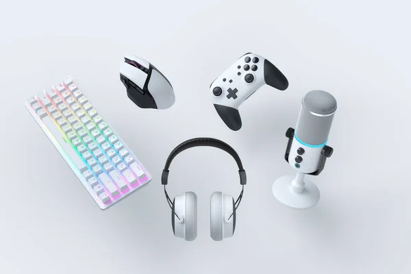 Fliegende Gamer-Geräte wie Maus, Tastatur, Joystick, Headset, VR, Mikrofon — Stockfoto