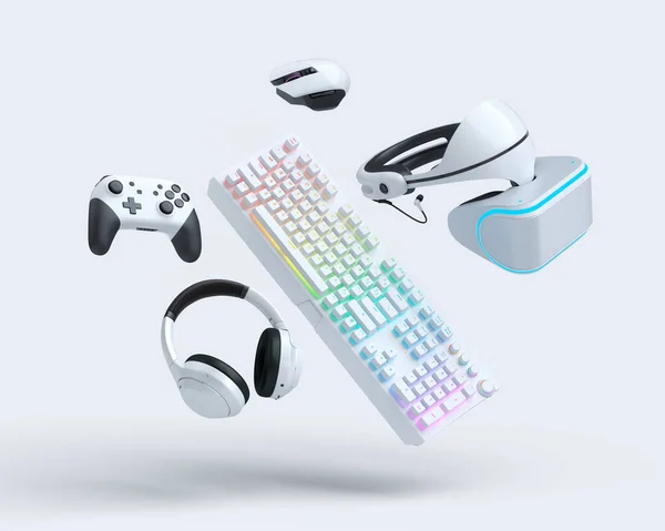 Fare, klavye, joystick, kulaklık gibi uçan oyun dişlileri, beyaz üzerine VR — Stok fotoğraf