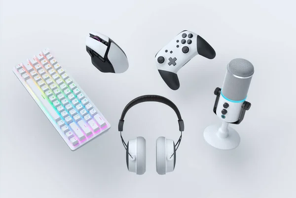 Engranajes de jugador volador como ratón, teclado, joystick, auriculares, VR, micrófono —  Fotos de Stock