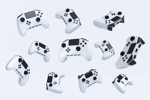 Repülő játékos joysticks vagy gamepads fehér alapon — Stock Fotó