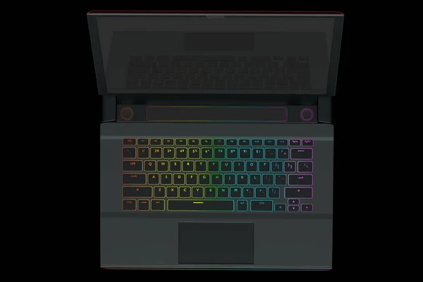 3D-Rendering von modernen Gaming bunten Laptop auf schwarzem Hintergrund — Stockfoto