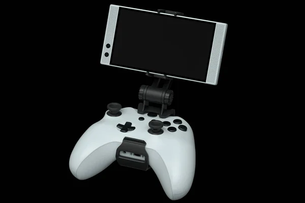 휴대 전화에서 검은 배경으로 게임을 하는 현실적 인 흰색 조이스틱 — 스톡 사진