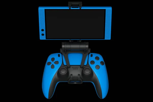 Joystick azul realista para jogar jogos em um telefone celular em fundo preto — Fotografia de Stock