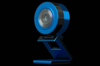 Web kamerası çevrimiçi görüntülü konuşma ve siyah arkaplan konferansı için beklemede.