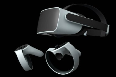 Siyah arkaplanda çevrimiçi oyun için sanal gerçeklik gözlükleri ve denetleyiciler