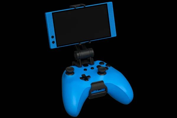 Realisztikus kék joystick játékokat játszani egy mobiltelefon fekete alapon — Stock Fotó