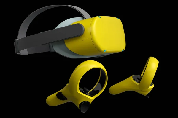 Gafas y controladores de realidad virtual para juegos en línea sobre fondo negro —  Fotos de Stock