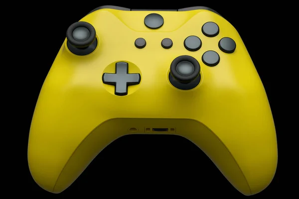 Joystick kuning realistis untuk kontroler permainan video pada latar belakang hitam — Stok Foto
