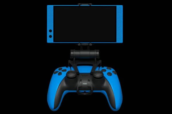 Joystick azul realista para jogar jogos em um telefone celular em fundo preto — Fotografia de Stock