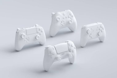 Beyaz arkaplanda ayakta duran oyun kumandaları veya oyun platformları