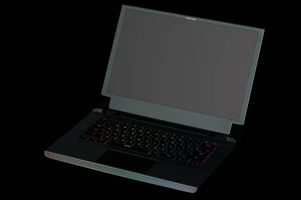 3D рендеринг современных игр красочный ноутбук на черном фоне — стоковое фото