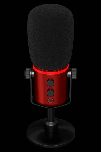 3D-Rendering eines roten Studio-Kondensatormikrofons isoliert auf schwarzem Hintergrund — Stockfoto