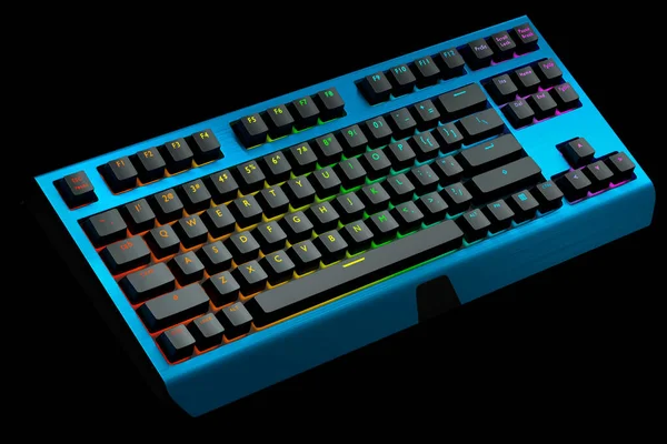 Синя комп'ютерна клавіатура з кольорами rgb ізольовані на чорному фоні . — стокове фото