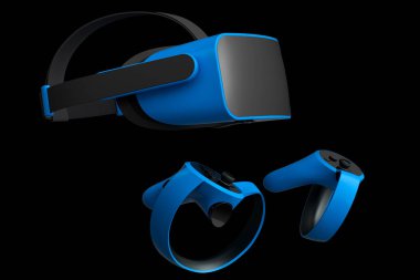 Siyah arkaplanda çevrimiçi oyun için sanal gerçeklik gözlükleri ve denetleyiciler