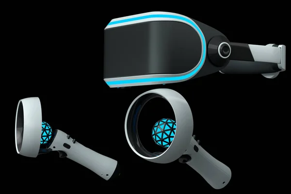 Gafas y controladores de realidad virtual para juegos en línea sobre fondo negro — Foto de Stock