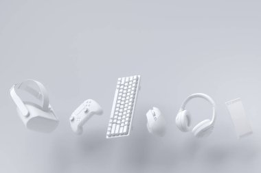 Fare, klavye, joystick, kulaklık gibi uçan oyun dişlileri, beyaz üzerine VR