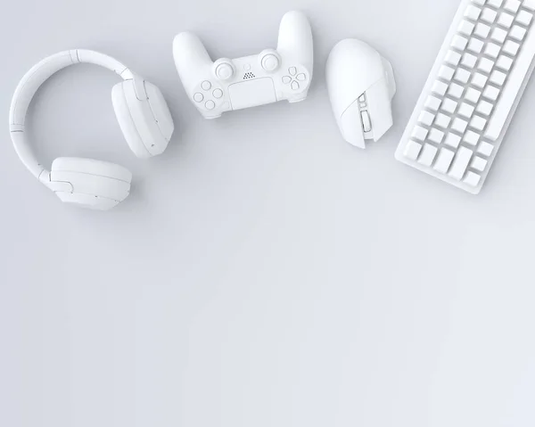 Вид зверху на геймерські передачі, такі як миша, клавіатура, джойстик і навушники на білому — стокове фото
