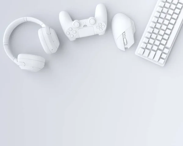 Vista superior de los engranajes del jugador como ratón, teclado, joystick y auriculares en blanco —  Fotos de Stock